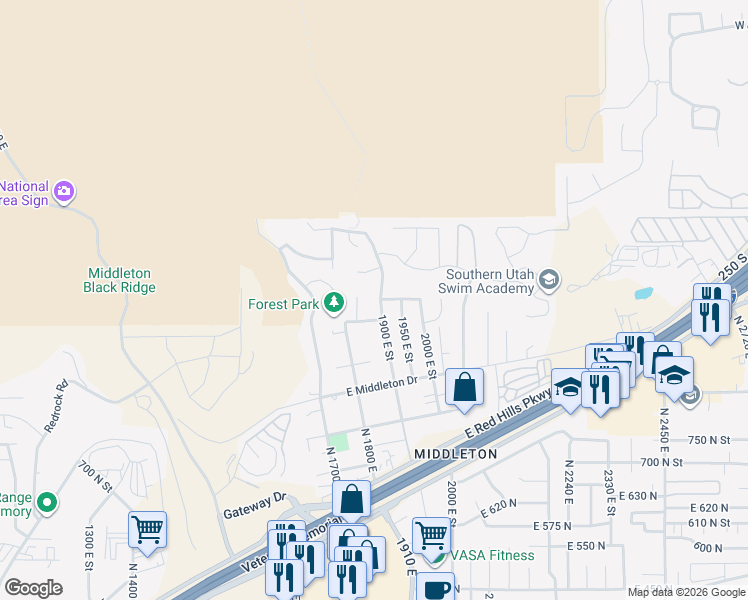 map of restaurants, bars, coffee shops, grocery stores, and more near 1059 North 1900 East in St. George