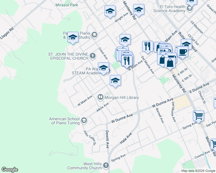 map of restaurants, bars, coffee shops, grocery stores, and more near 17590 Peak Avenue in Morgan Hill