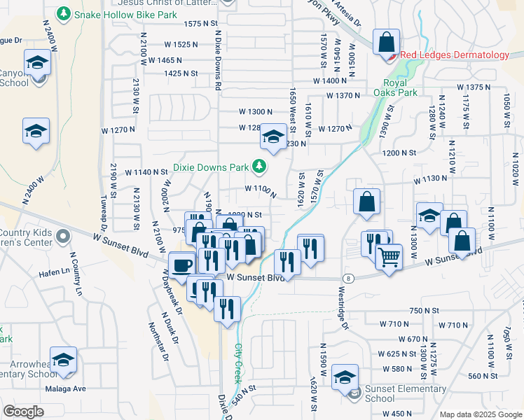 map of restaurants, bars, coffee shops, grocery stores, and more near 1742 West 1020 North in St. George