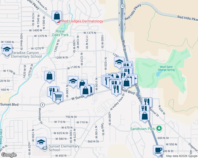 map of restaurants, bars, coffee shops, grocery stores, and more near 1054 North 1100 West in St. George