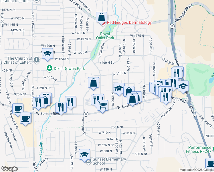 map of restaurants, bars, coffee shops, grocery stores, and more near 1066 1400 West Street in St. George