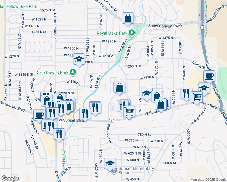 map of restaurants, bars, coffee shops, grocery stores, and more near 1518 1040 North Street in St. George