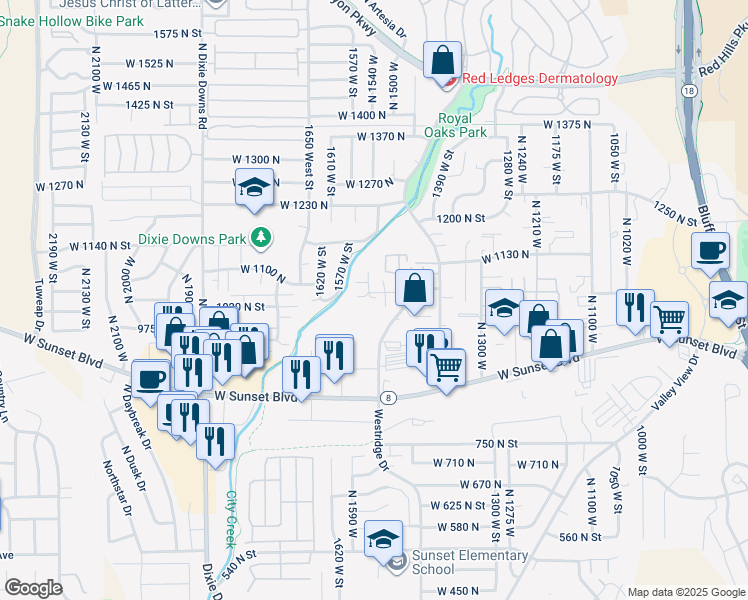 map of restaurants, bars, coffee shops, grocery stores, and more near 1518 1040 North Street in St. George