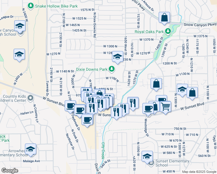 map of restaurants, bars, coffee shops, grocery stores, and more near 1045 North 1725 West in St. George