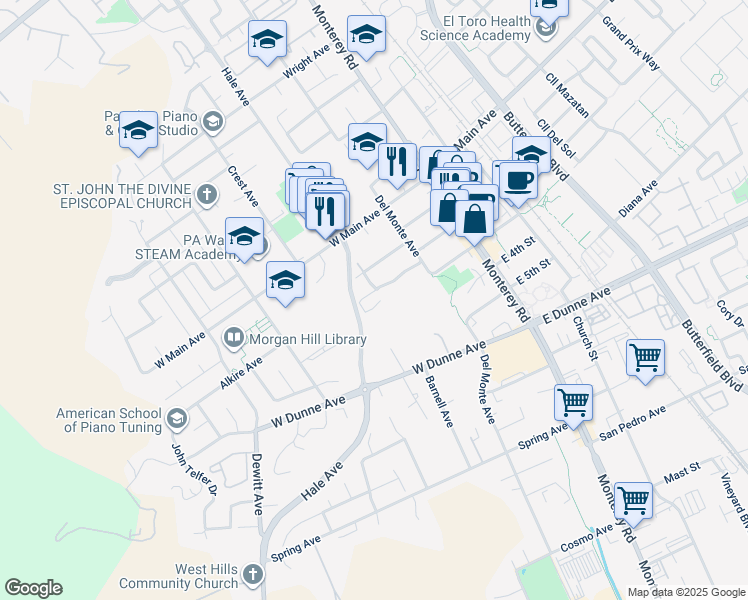 map of restaurants, bars, coffee shops, grocery stores, and more near 215 Nob Hill Terrace in Morgan Hill