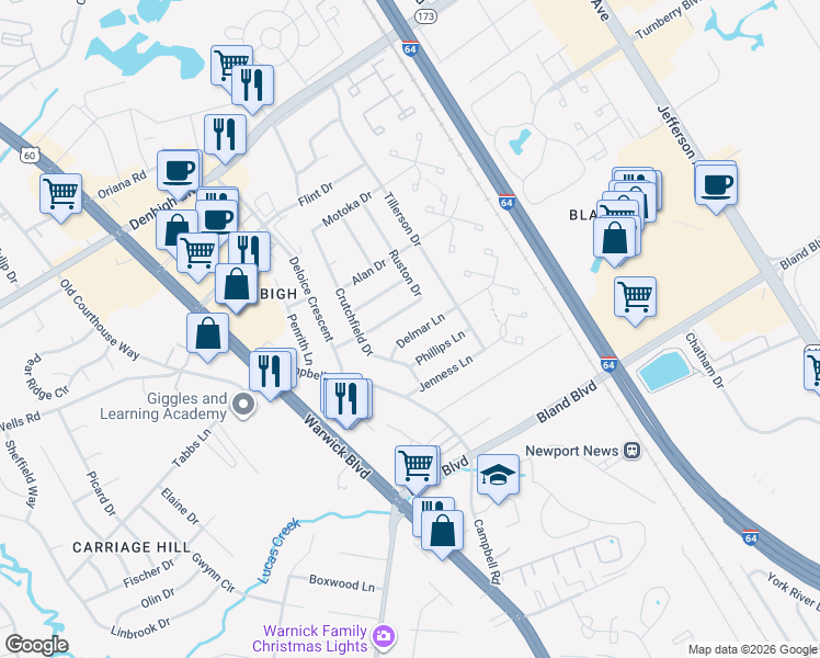 map of restaurants, bars, coffee shops, grocery stores, and more near 136 Ruston Drive in Newport News