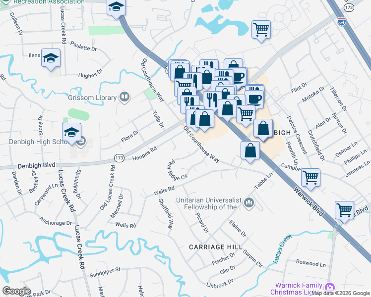map of restaurants, bars, coffee shops, grocery stores, and more near 14315 Old Courthouse Way in Newport News