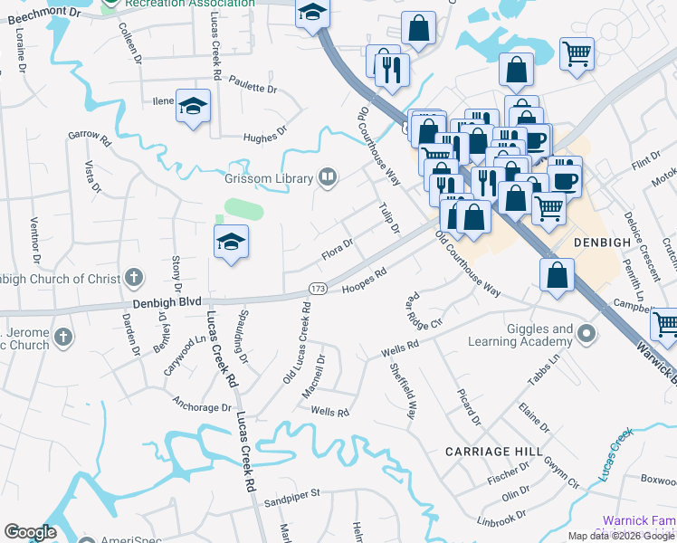 map of restaurants, bars, coffee shops, grocery stores, and more near 335 Denbigh Boulevard in Newport News