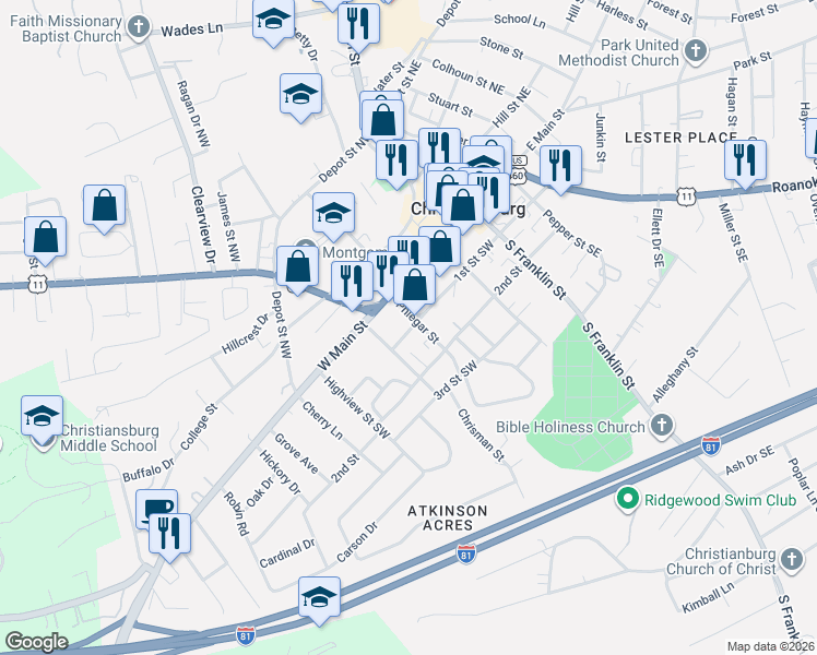 map of restaurants, bars, coffee shops, grocery stores, and more near 302 West Main Street in Christiansburg