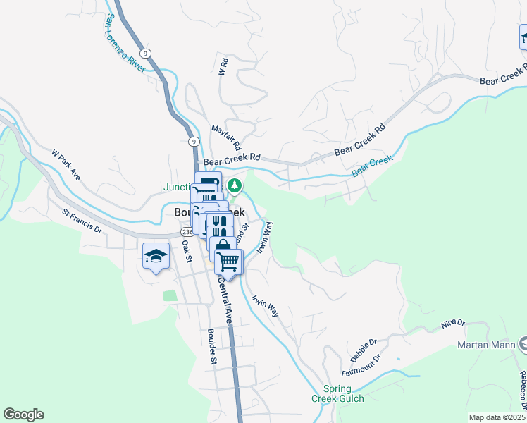 map of restaurants, bars, coffee shops, grocery stores, and more near 13330 Irwin Way in Boulder Creek