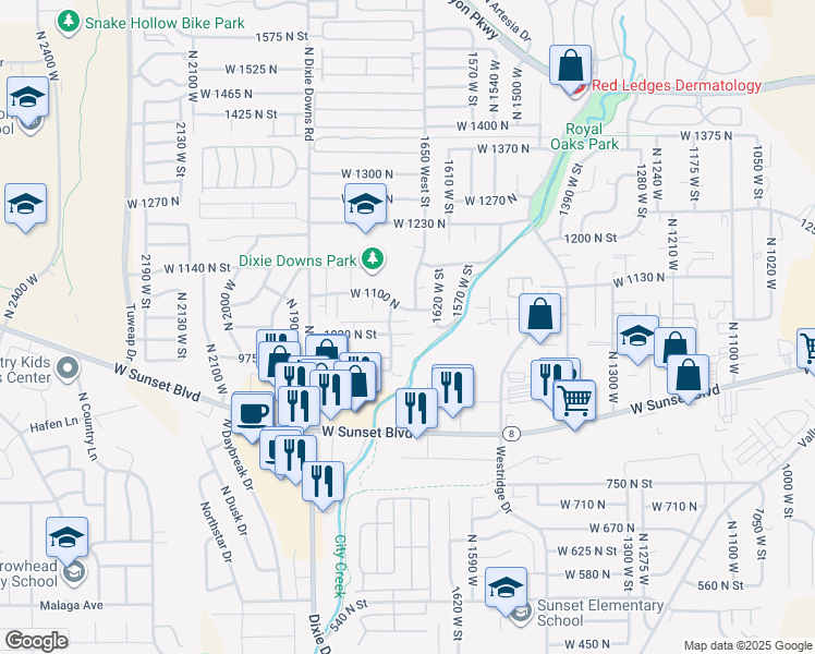 map of restaurants, bars, coffee shops, grocery stores, and more near 1708 West 1020 North in St. George