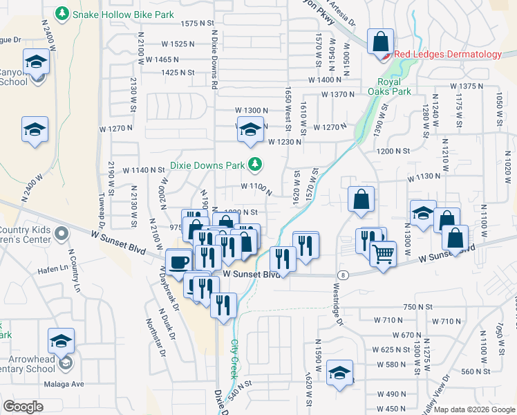 map of restaurants, bars, coffee shops, grocery stores, and more near 1738 West 1020 North in St. George