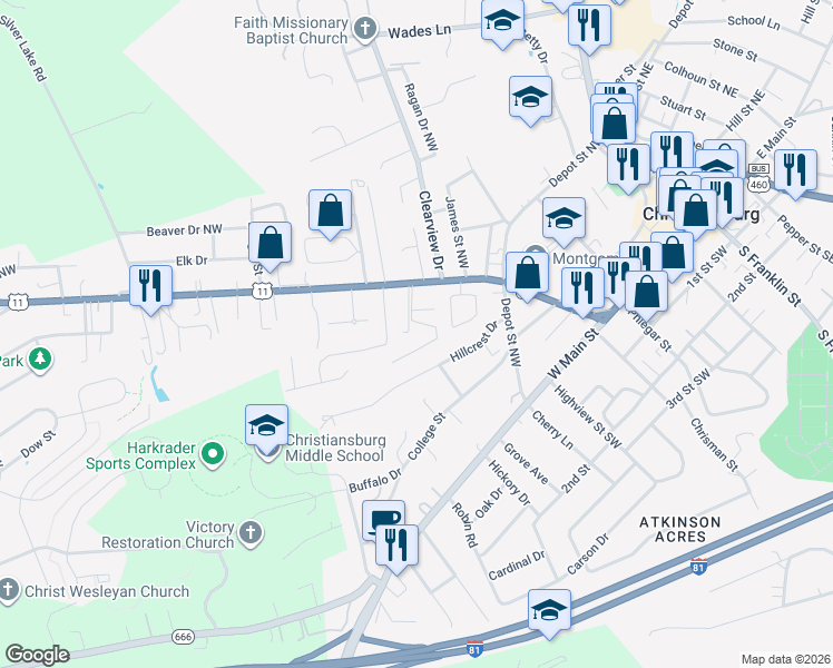 map of restaurants, bars, coffee shops, grocery stores, and more near 170 Talus Lane in Christiansburg