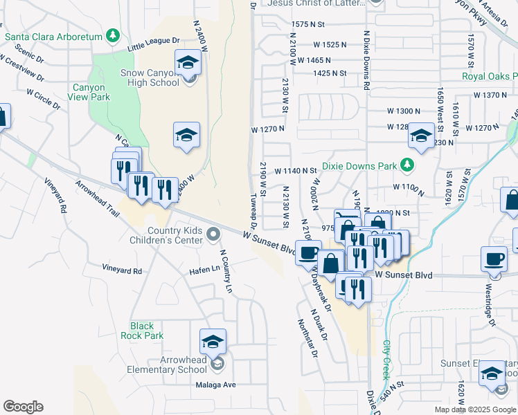 map of restaurants, bars, coffee shops, grocery stores, and more near 1033 North 2190 West in St. George