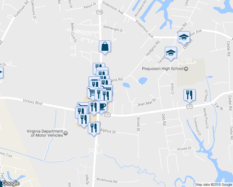 map of restaurants, bars, coffee shops, grocery stores, and more near 478 Wythe Creek Road in Poquoson