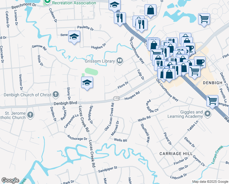 map of restaurants, bars, coffee shops, grocery stores, and more near 807 Quince Circle in Newport News