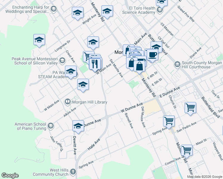 map of restaurants, bars, coffee shops, grocery stores, and more near 130 Nob Hill Terrace in Morgan Hill
