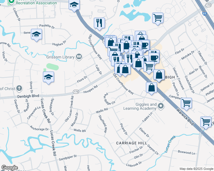 map of restaurants, bars, coffee shops, grocery stores, and more near 22 Hoopes Road in Newport News