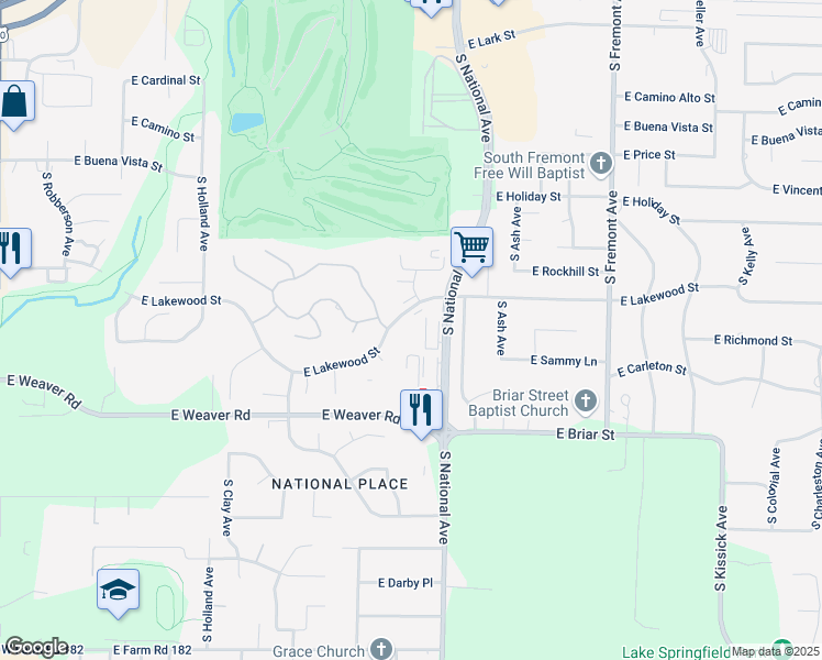 map of restaurants, bars, coffee shops, grocery stores, and more near 1146 East Lakewood Street in Springfield