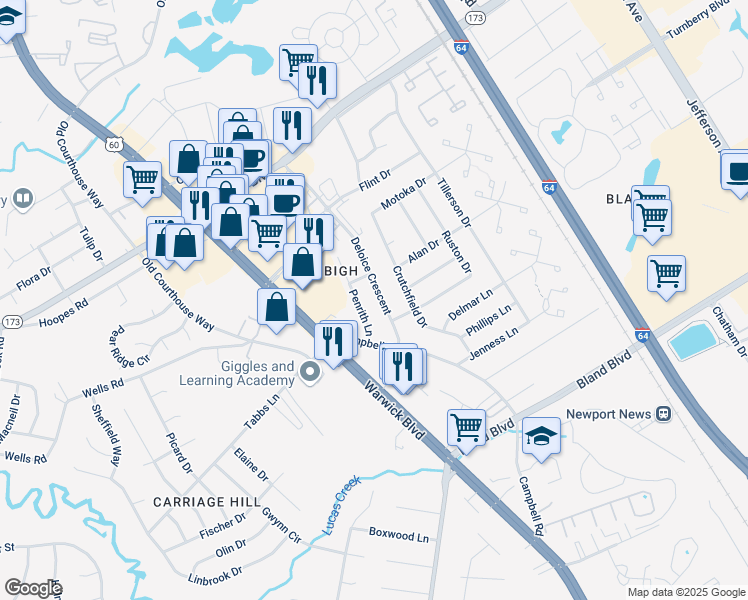 map of restaurants, bars, coffee shops, grocery stores, and more near 14219 Deloice Crescent in Newport News