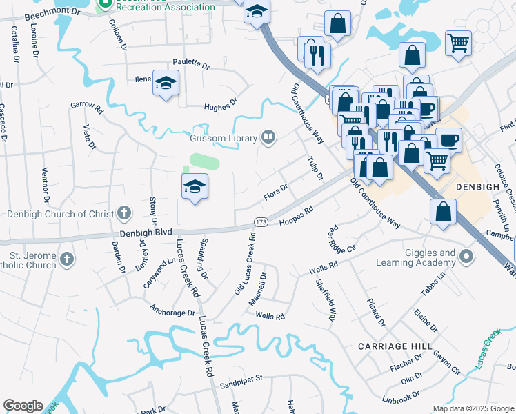 map of restaurants, bars, coffee shops, grocery stores, and more near 807 Quince Circle in Newport News