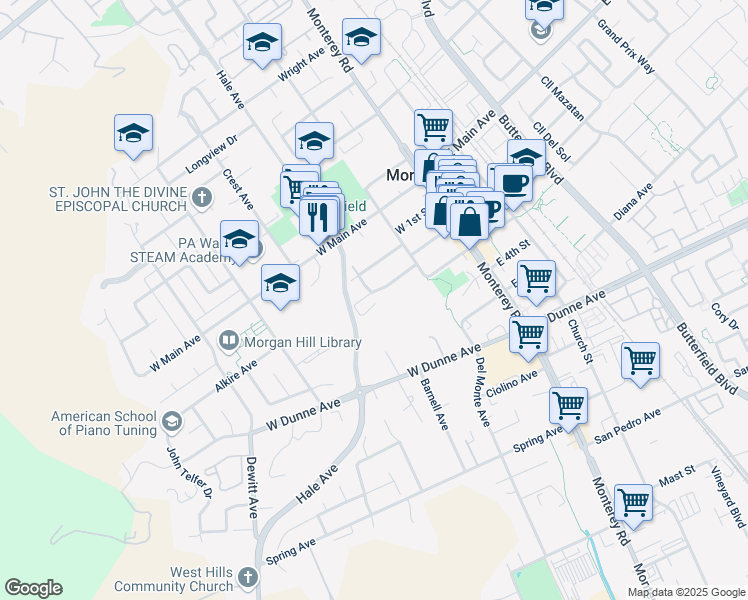 map of restaurants, bars, coffee shops, grocery stores, and more near 210 Nob Hill Terrace in Morgan Hill