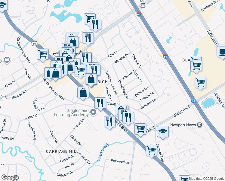 map of restaurants, bars, coffee shops, grocery stores, and more near 14219 Deloice Crescent in Newport News
