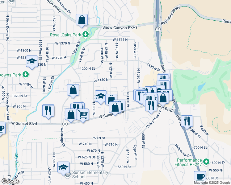 map of restaurants, bars, coffee shops, grocery stores, and more near 1040 North 1300 West in St. George