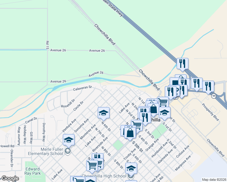 map of restaurants, bars, coffee shops, grocery stores, and more near 212 Sonoma Avenue in Chowchilla