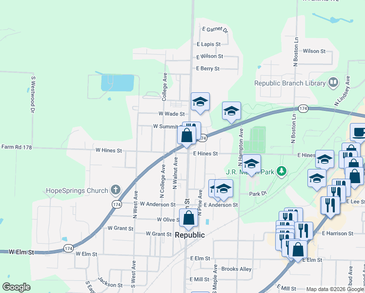 map of restaurants, bars, coffee shops, grocery stores, and more near 121 State Highway 174 in Republic