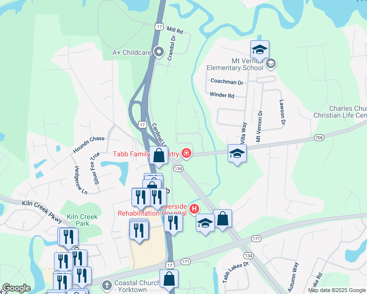 map of restaurants, bars, coffee shops, grocery stores, and more near 109 Yorkshire Drive in Yorktown
