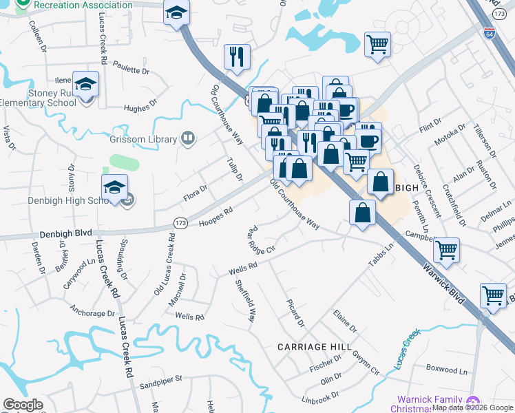 map of restaurants, bars, coffee shops, grocery stores, and more near 22 Hoopes Road in Newport News