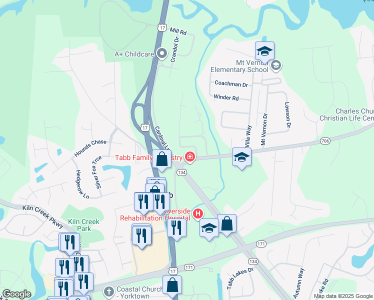 map of restaurants, bars, coffee shops, grocery stores, and more near 109 Yorkshire Drive in Yorktown