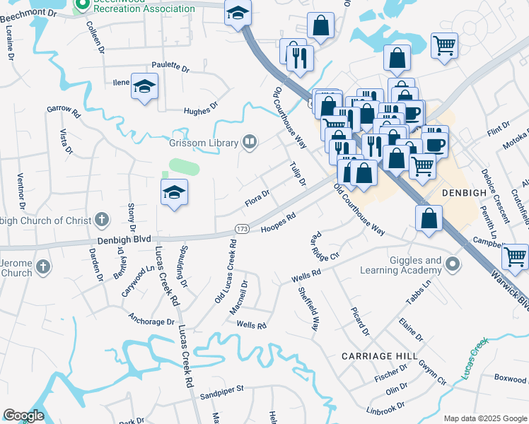 map of restaurants, bars, coffee shops, grocery stores, and more near 333 Denbigh Boulevard in Newport News
