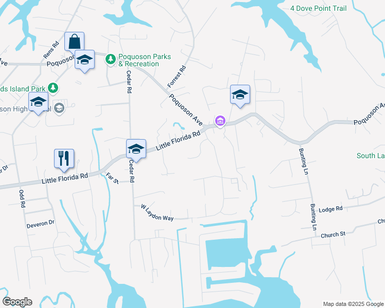 map of restaurants, bars, coffee shops, grocery stores, and more near 8 Black Oak Court in Poquoson