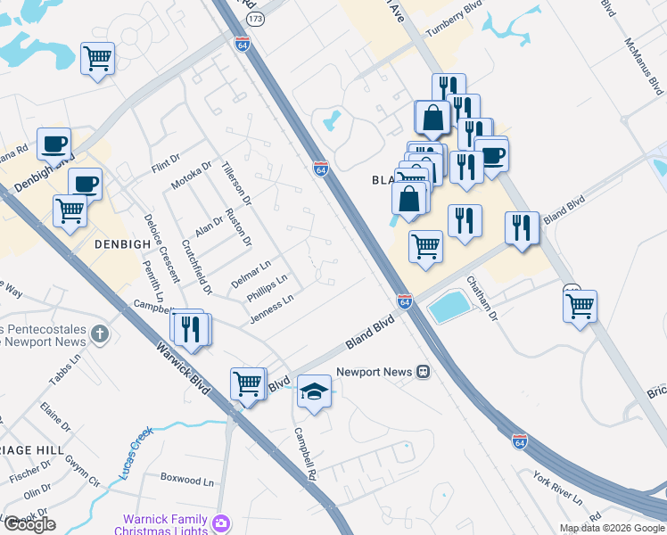 map of restaurants, bars, coffee shops, grocery stores, and more near 159 Jenness Lane in Newport News