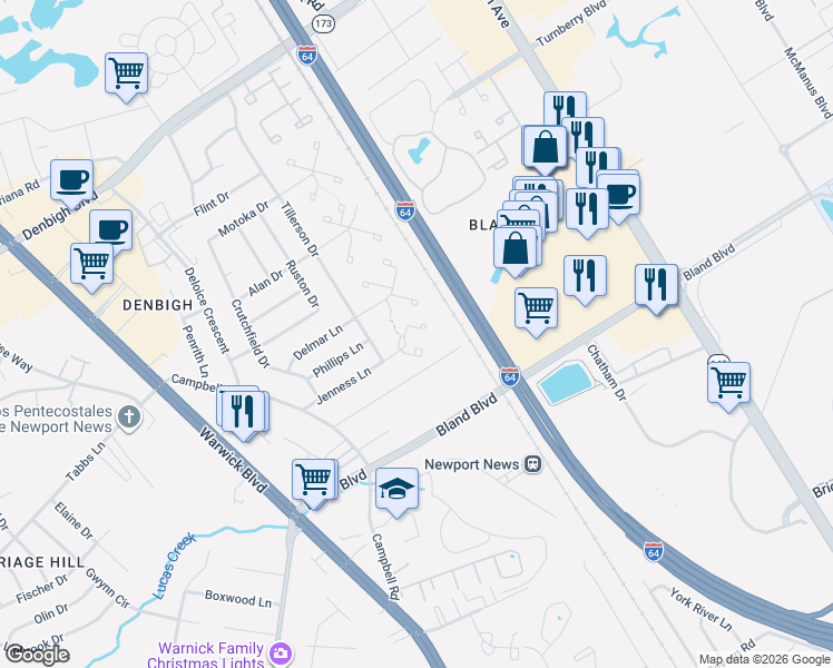 map of restaurants, bars, coffee shops, grocery stores, and more near 159 Jenness Lane in Newport News