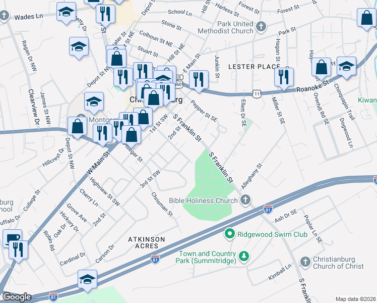 map of restaurants, bars, coffee shops, grocery stores, and more near 304 Hickok St in Christiansburg