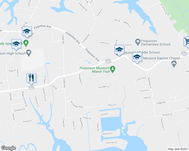 map of restaurants, bars, coffee shops, grocery stores, and more near 8 Black Oak Court in Poquoson