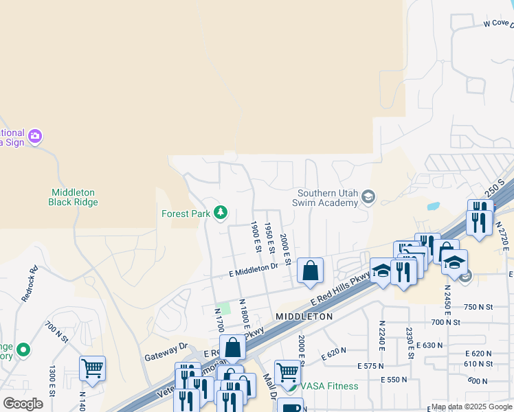 map of restaurants, bars, coffee shops, grocery stores, and more near 1915 East 1060 North Street in St. George