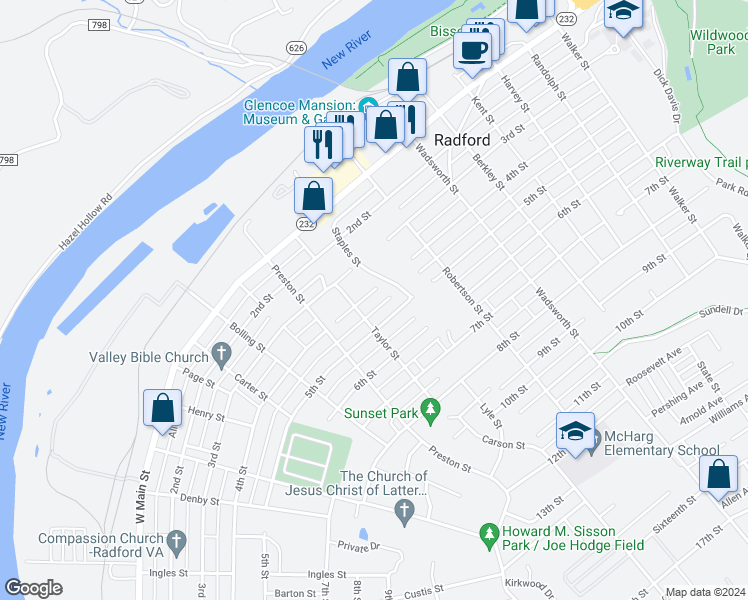 map of restaurants, bars, coffee shops, grocery stores, and more near 806 4th Street in Radford