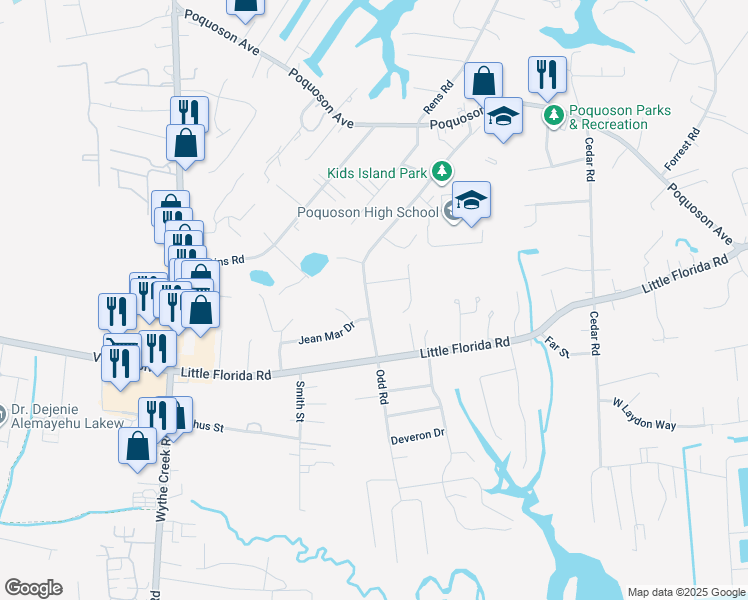 map of restaurants, bars, coffee shops, grocery stores, and more near 107 Odd Road in Poquoson