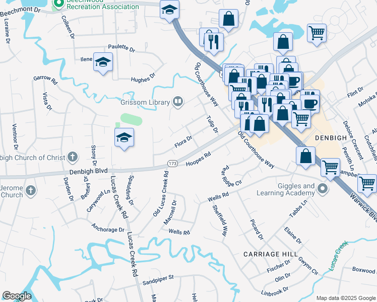 map of restaurants, bars, coffee shops, grocery stores, and more near 333 Denbigh Boulevard in Newport News