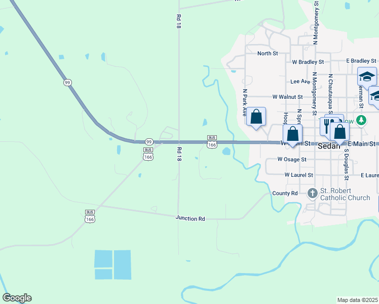 map of restaurants, bars, coffee shops, grocery stores, and more near Road 18 in Sedan