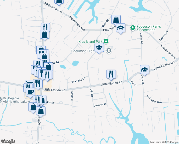 map of restaurants, bars, coffee shops, grocery stores, and more near 107 Odd Road in Poquoson
