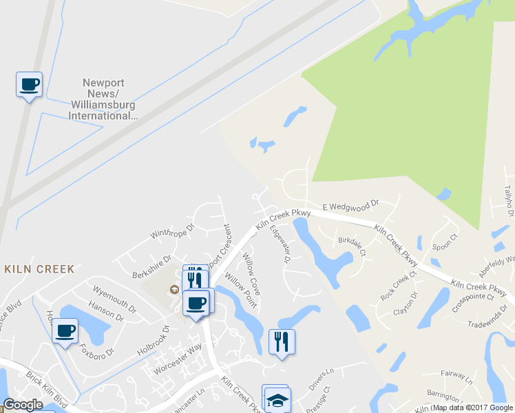 map of restaurants, bars, coffee shops, grocery stores, and more near 805 Brassie Way in Newport News