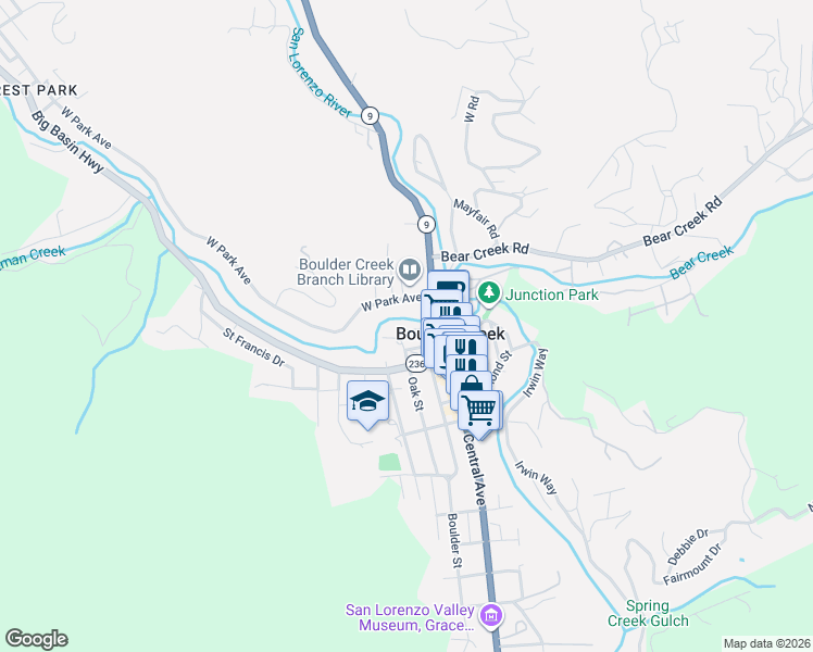 map of restaurants, bars, coffee shops, grocery stores, and more near 12 Haven Lane in Boulder Creek