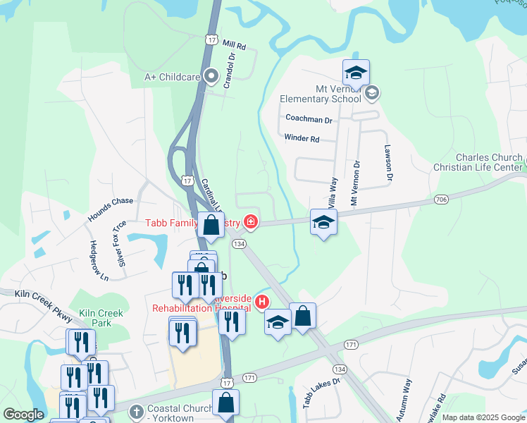 map of restaurants, bars, coffee shops, grocery stores, and more near 104 Yorkshire Drive in Yorktown