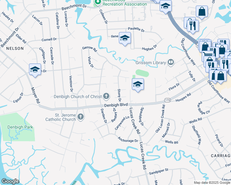 map of restaurants, bars, coffee shops, grocery stores, and more near 140 Gingerwood Court in Newport News