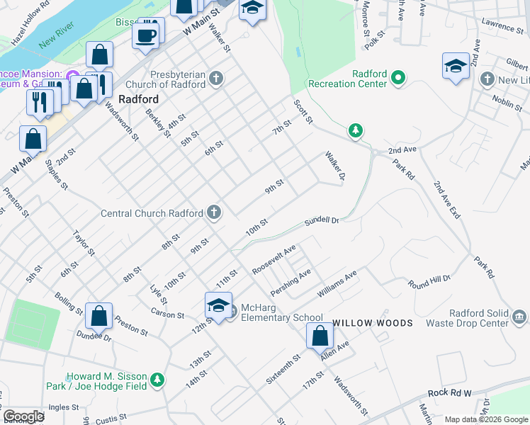 map of restaurants, bars, coffee shops, grocery stores, and more near 200-498 9th Street in Radford